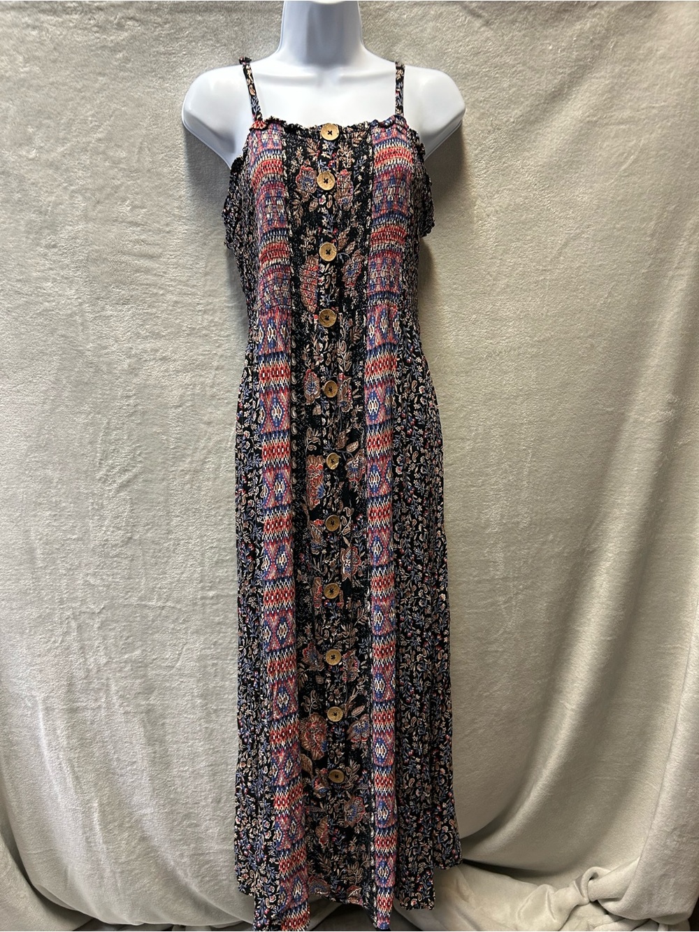 Angie Black Floral & Multicolor Button-Front Maxi Dress